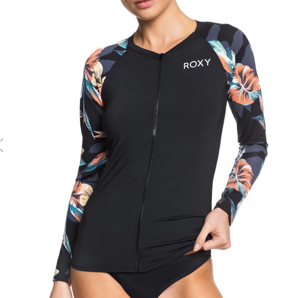 Floral Print Long Sleeve Zip Front Rashguard Swim Cover-Up Small